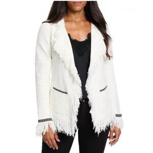 Mic & Zoe Statement Fringe Mix Knit Jacket in Classic Cream White Sz PL